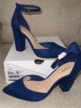 Aldo Royal Blue Pointed Toe Ankle-Strap Block Heels